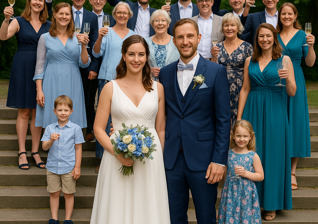 Brautpaar mit Hochzeitsgesellschaft im Grünen – Gruppenfoto bei sommerlicher Hochzeit