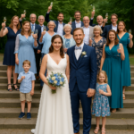 Brautpaar mit Hochzeitsgesellschaft im Grünen – Gruppenfoto bei sommerlicher Hochzeit