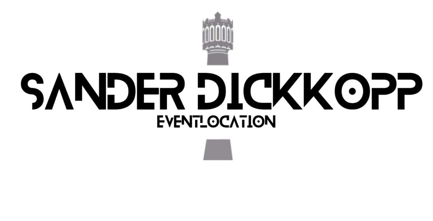 Modernes Logo für Sander Dickkopp mit Burg-Design, schwarz-weiß, ideal für Event-Location, stilvoll und ansprechend, aufmerksamkeitsstark für Veranstaltungen.