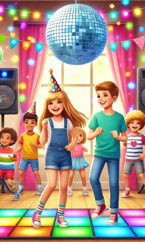 DALL·E 2025-01-21 11.02.35 - A cheerful children's party scene indoors with a colorful disco setup. The image includes a vibrant dance floor with colorful lights, children dancing